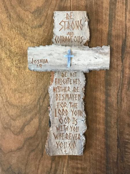 HAND CARVED  11 1/4 Inch Cross "Be Strong and Courageous" Jer. 1:9 picture