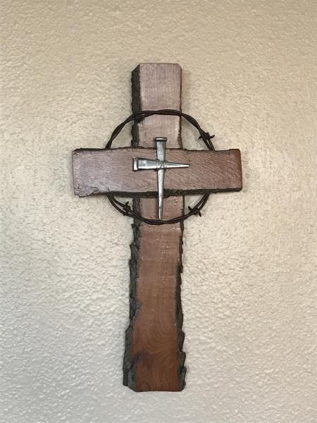 12 Inch Rustic Cross With Barbed Wire and Nail Cross Center picture