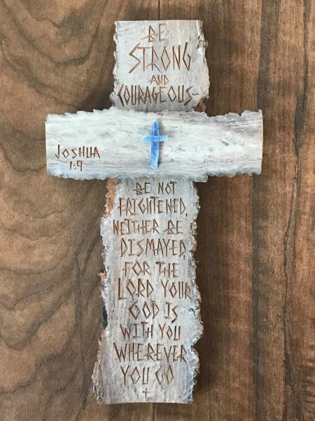 HAND CARVED  11 1/4 Inch Cross "Be Strong and Courageous" Jer. 1:9 picture
