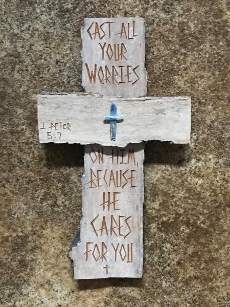 HAND CARVED 9 Inch Cross "Cast All Your Worries" I Peter 5:7 picture