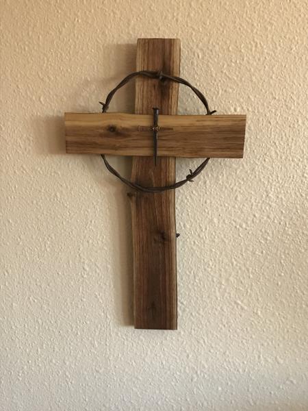 NEW STYLE! 13 Inch Walnut Cross With Barbed Wire and Antique Nail Cross Center picture