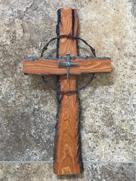 17 3/4 Inch Rustic Cross With Barbed Wire and Nail Cross Center