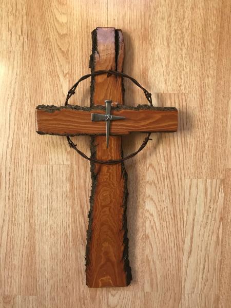 17 3/4 Inch Rustic Cross With Barbed Wire and Nail Cross Center picture