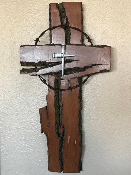 16 1/2 Inch Rustic Cross with Barbed Wire and Silver Nail Cross picture
