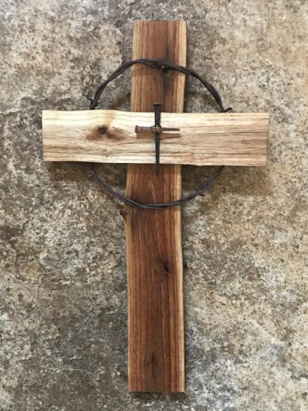 NEW STYLE! 13 Inch Walnut Cross With Barbed Wire and Antique Nail Cross Center picture