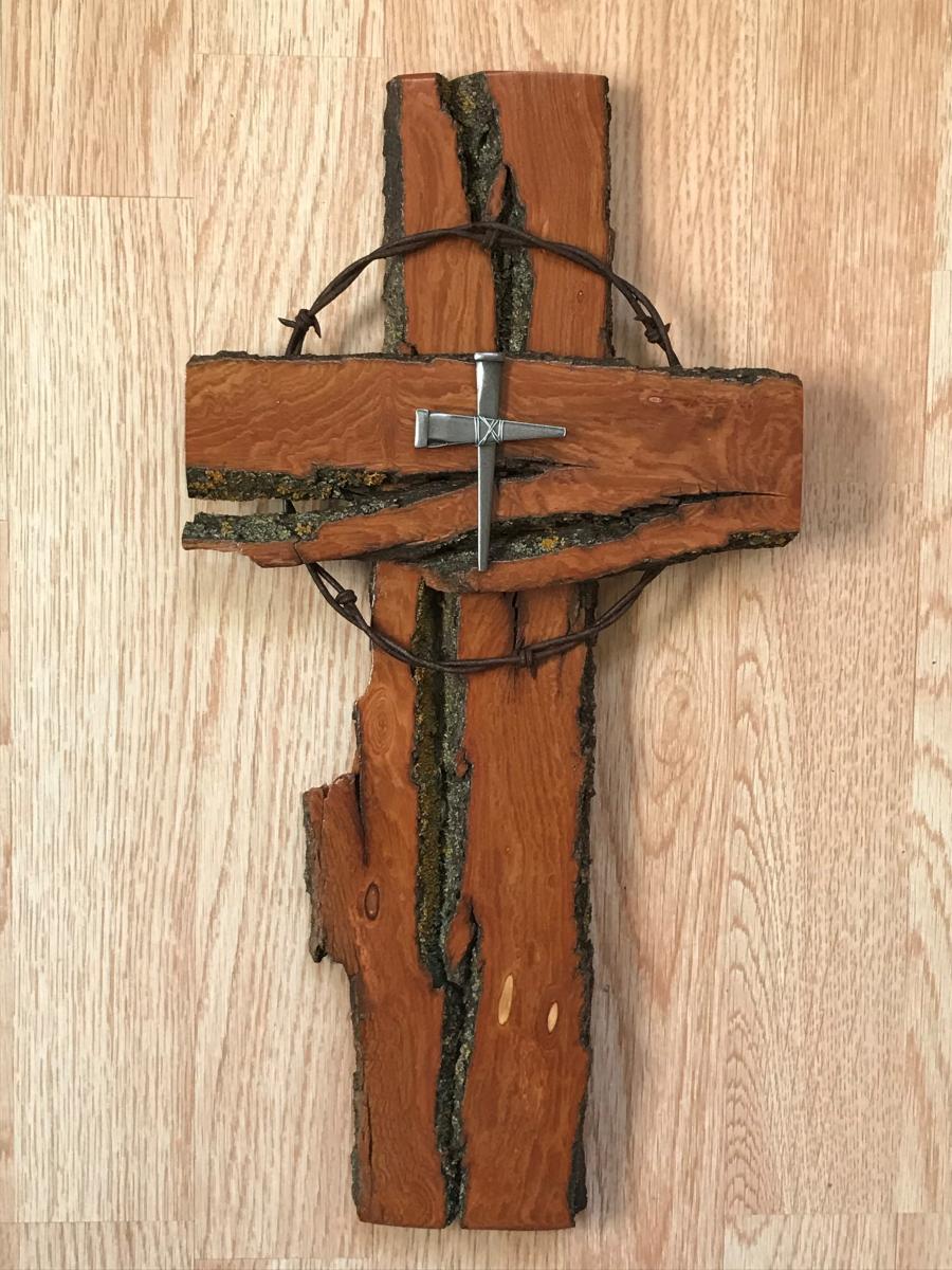 16 1/2 Inch Rustic Cross with Barbed Wire and Silver Nail Cross picture