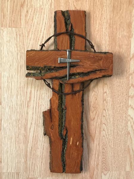 16 1/2 Inch Rustic Cross with Barbed Wire and Silver Nail Cross picture