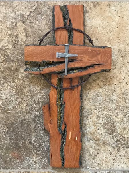 16 1/2 Inch Rustic Cross with Barbed Wire and Silver Nail Cross