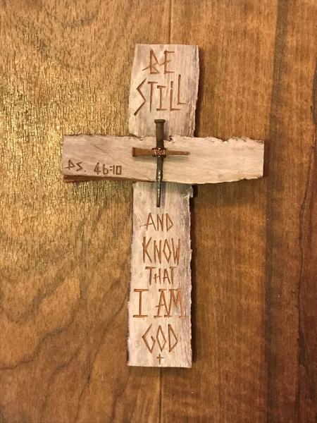HAND CARVED 9 Inch Cross "Be Still and Know That I Am God" picture