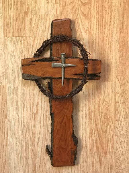 14 1/4 Inch Rustic Cross With REAL Crown of Thorns and Nail Cross Center picture