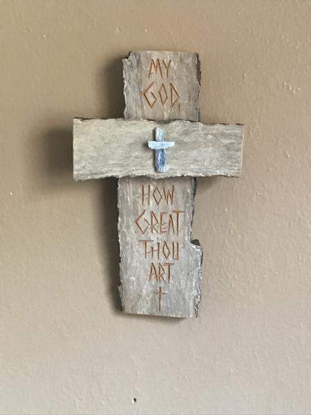 HAND CARVED 6 1/2 Inch Cross "My God How Great Thou Art" picture