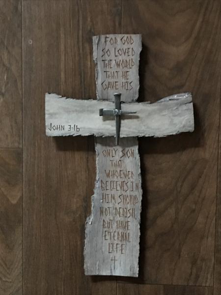 HAND CARVED 14 1/4 Inch Cross "For God So Loved The World" John 3:16 picture