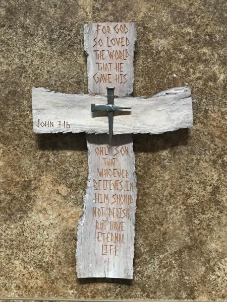 HAND CARVED 14 1/4 Inch Cross "For God So Loved The World" John 3:16