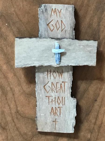 HAND CARVED 6 1/2 Inch Cross "My God How Great Thou Art" picture
