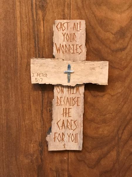 HAND CARVED 9 Inch Cross "Cast All Your Worries" I Peter 5:7 picture