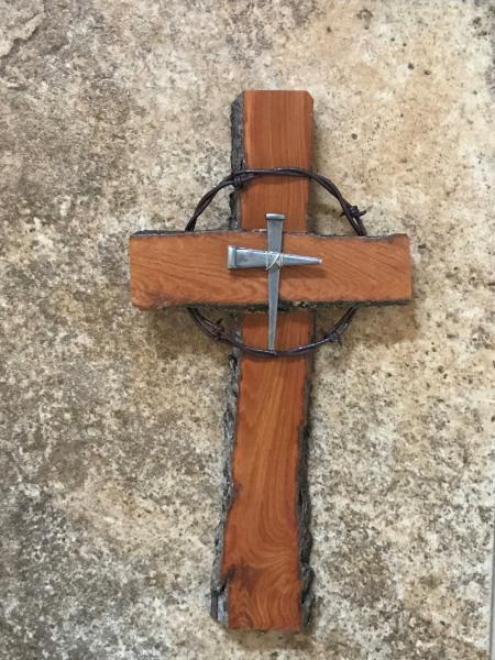 12 Inch Rustic Cross With Barbed Wire and Nail Cross Center picture