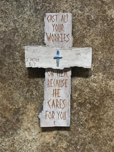 HAND CARVED 9 Inch Cross "Cast All Your Worries" I Peter 5:7 picture