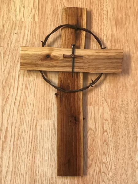 NEW STYLE! 13 Inch Walnut Cross With Barbed Wire and Antique Nail Cross Center picture