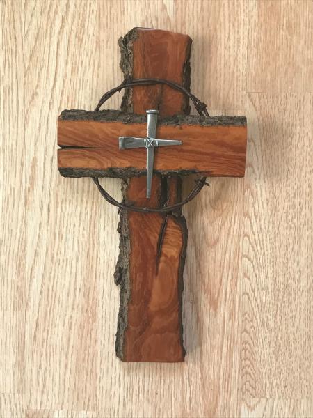 12 Inch Rustic Cross with Barbed Wire and Nail Cross Center picture