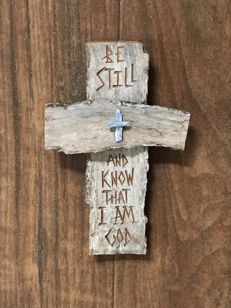 HAND CARVED 6 1/2 Inch Cross "Be Still and Know That I Am God" Ps. 46:10 picture