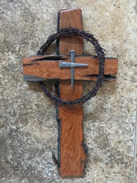 14 1/4 Inch Rustic Cross With REAL Crown of Thorns and Nail Cross Center picture