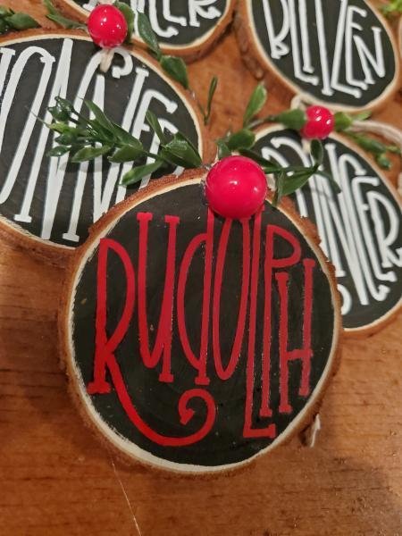 2.5" Santa's Reindeer Wood Slice Ornament; Rustic Christmas Tree Ornament- Wood Slice Ornament picture