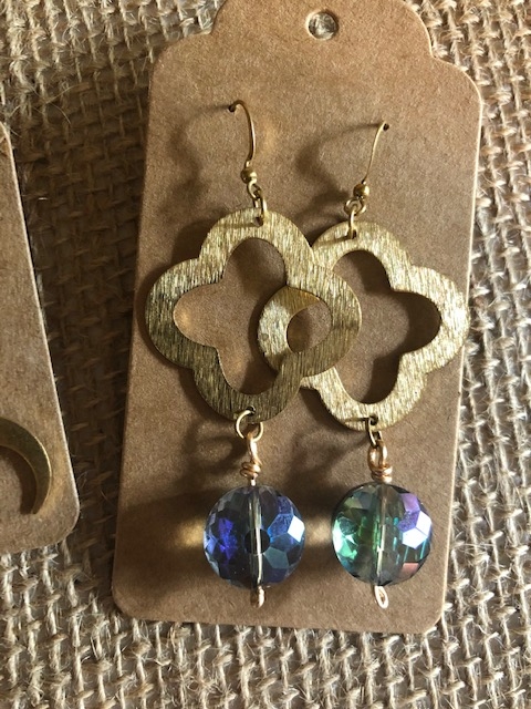 Brass earrings with a hand wrapped "crystal" Accent