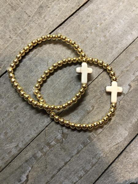 Dainty gold (hematite) and howlite cross bracelet picture