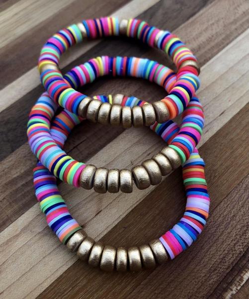 Rainbow polymer clay and gold wood bead bracelet