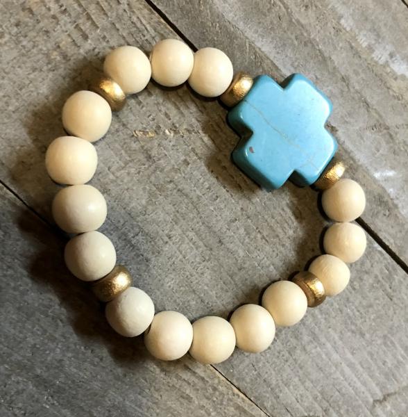 Wood bead and turquoise stretch bracelet