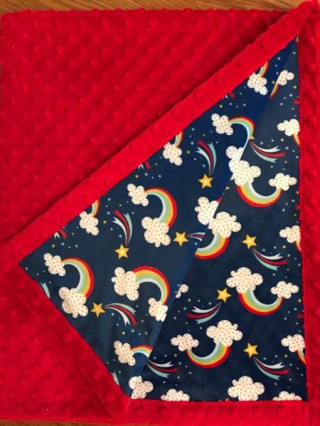 Red Dimpled Minky /Rainbows and Stars on Navy Minky Blanket picture