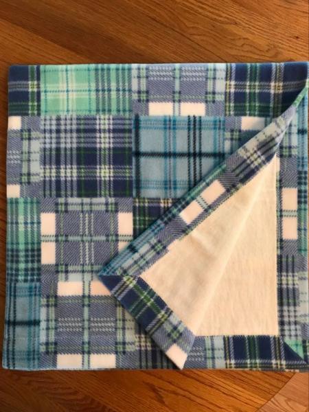 Blue & Green Plaid Fleece / White Flannel Blanket (approx. 40x40 inches)