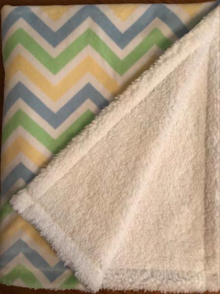 Blue/Green/White Chevron Minky / White Cuddle Sherpa Blanket picture