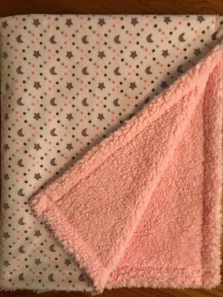 Lavender/Pink Moon & Stars on White Minky / Pink Cuddle Sherpa Blanket