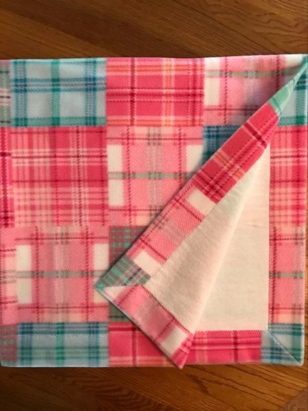 Pink & Aqua Plaid Fleece / White Flannel Blanket (approx. 40x40 inches) picture