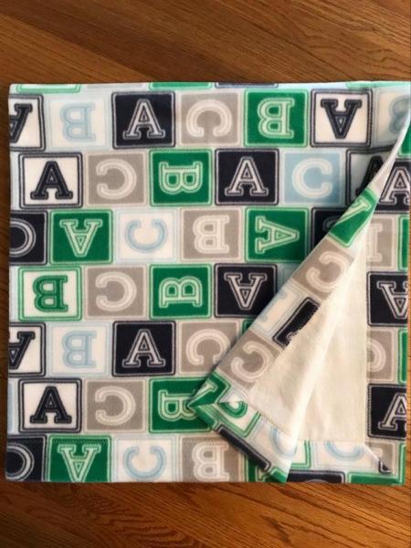 ABC (navy/gray/green) Fleece / White Flannel Blanket (approx. 40x40 inches)