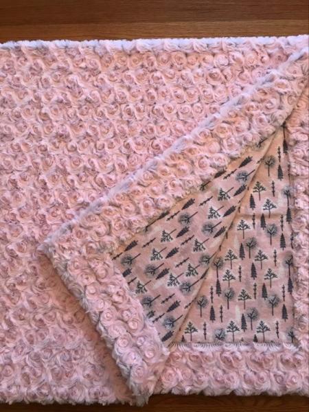Ice Pink (gray base) Swirl Minky / Trees Flannel Blankets - approx. 40x40 inches
