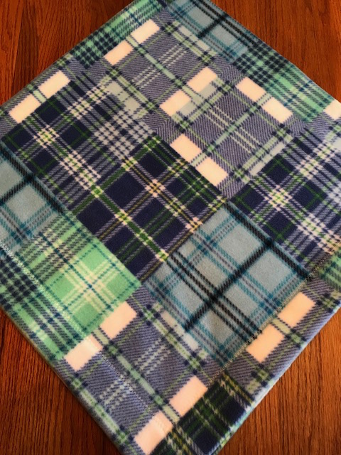 Blue & Green Plaid Fleece / White Flannel Blanket (approx. 40x40 inches) picture