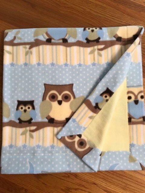 Owls on Branches Fleece / Yellow Flannel Blanket (approx. 40x40 inches)