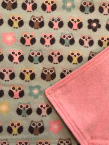 Pastel Owls with Pink Flannel Receiving Blanket - approx. 40x40
