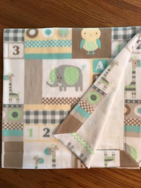 Elephant & Owls (gray, brown, teal) / White Flannel Blanket (approx. 40x40 inches)