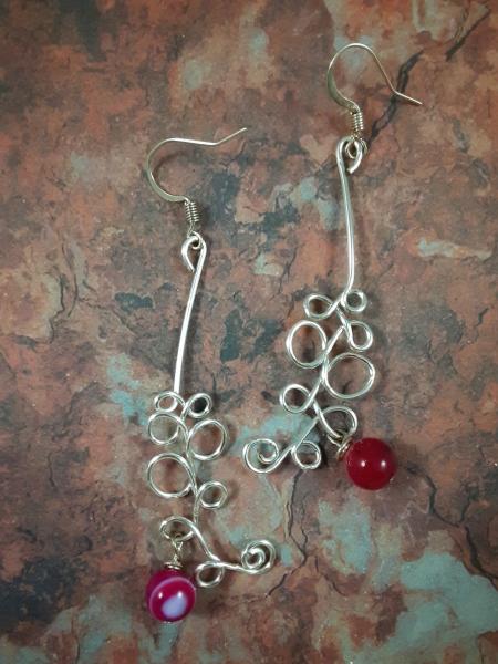 "Circles" Dangle Wire Earrings w/ Pink Beads