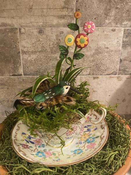 Floral Teacup with Hummingbird & Flowers