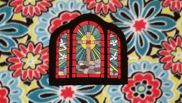 Large Flowers and Cross Window Embroidered Fleece Tied Blanket, Large stained Glass Window Fleece Tie Throw - Religious Home Decor picture
