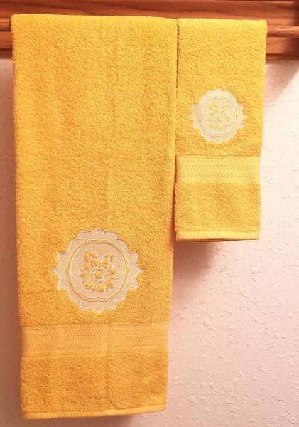 Sunflower Embossed Bath Towel and Hand Towel Set Pink Towel with Pretty Pink Butterfly Design