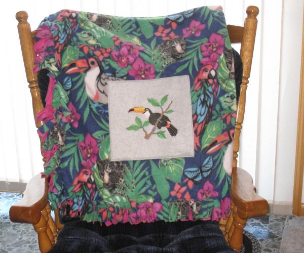 TOUCAN TROPICAL Embroidered Fleece Tied Blanket, Jungle Print Fleece Tie Throw - Toucan, Leopard, Parrot, Lizard Home Decor Blanket picture