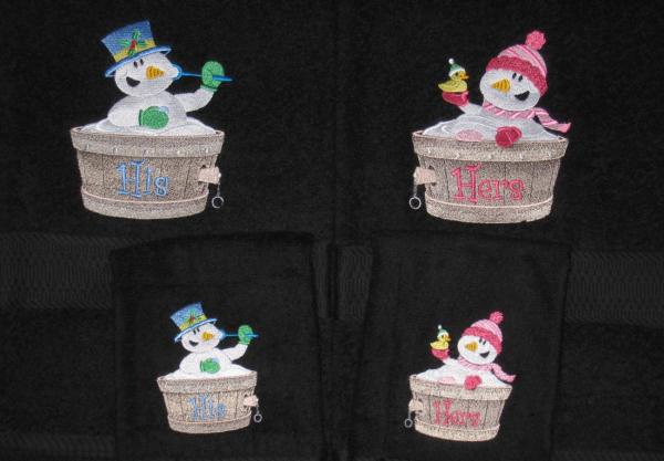 HIS and HERS Snowmen in a Tub 4 Piece Bath and Hand Towel Set