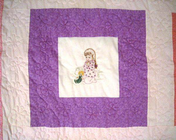 Twin Traditional Quilt 6 Hand Embroidered Blocks of Girls Singing, Dancing, Reading, Playing with dolls, Dressing Up - quilted with flowers picture