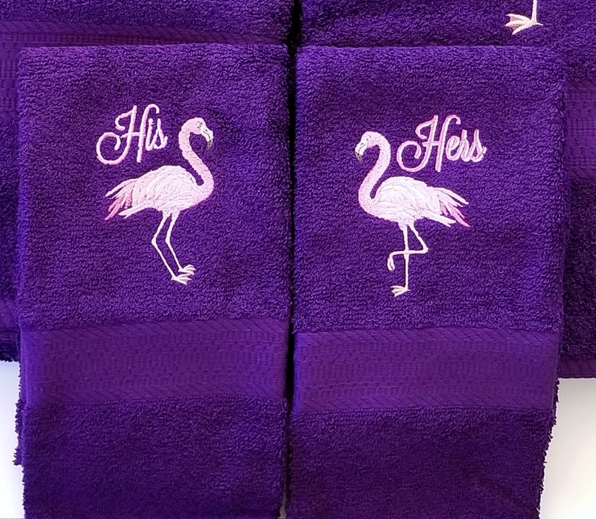 HIS and HERS Flamingo Towel Set Pink Flamingos Embroidered Bath and Hand Towels picture