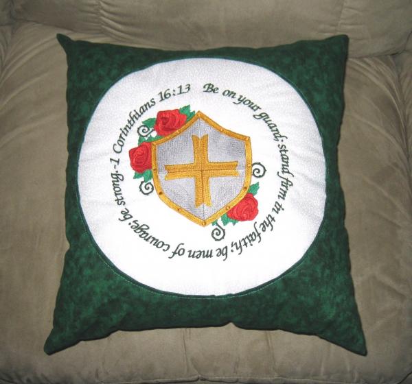 1 Corinthians 16:13 Bible Verse Pillow with Silver and Gold Shield, Red Roses and Scripture Verse about Men of Courage